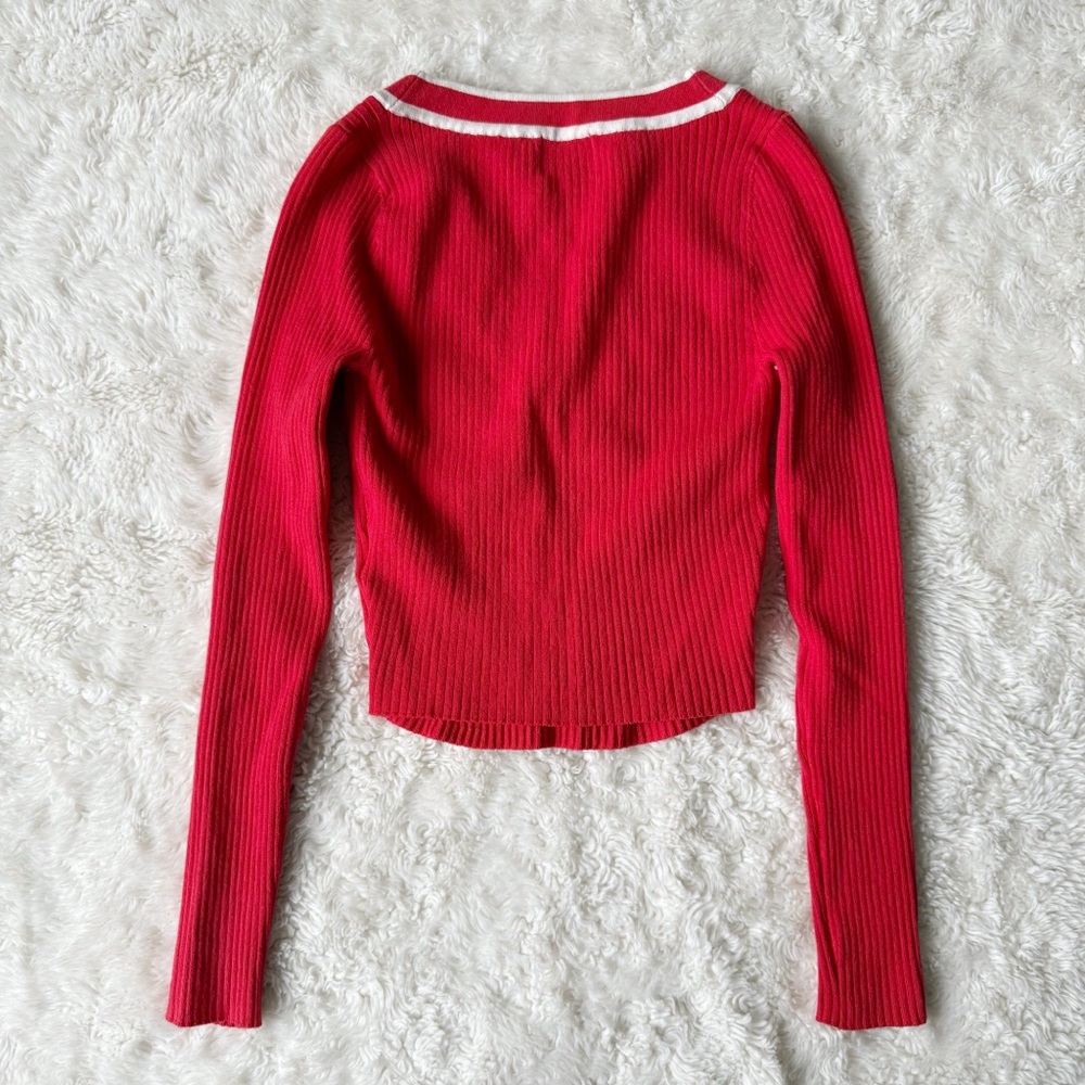 BDG Woman Red Ribbed V-Neck Crop Knit Sweater Top SMALL Tenniscore Preppy Chic - Picture 4 of 8